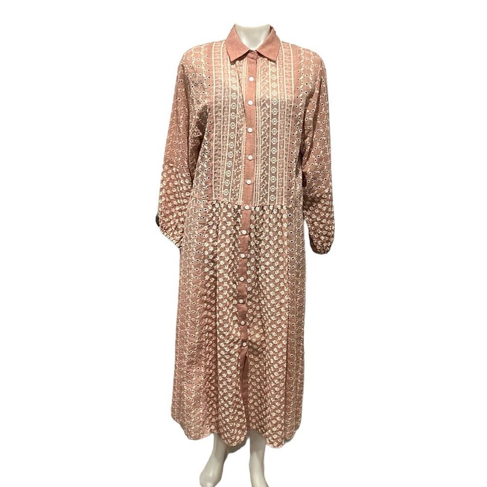 Zara blush balloon sleeve button down embroidered midi dress size Large